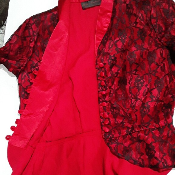 Vintage Blouse,Jolie Madame Top, Fitted Red Satin/ Black Lace, Goth, Steampunk - Picture 8 of 10